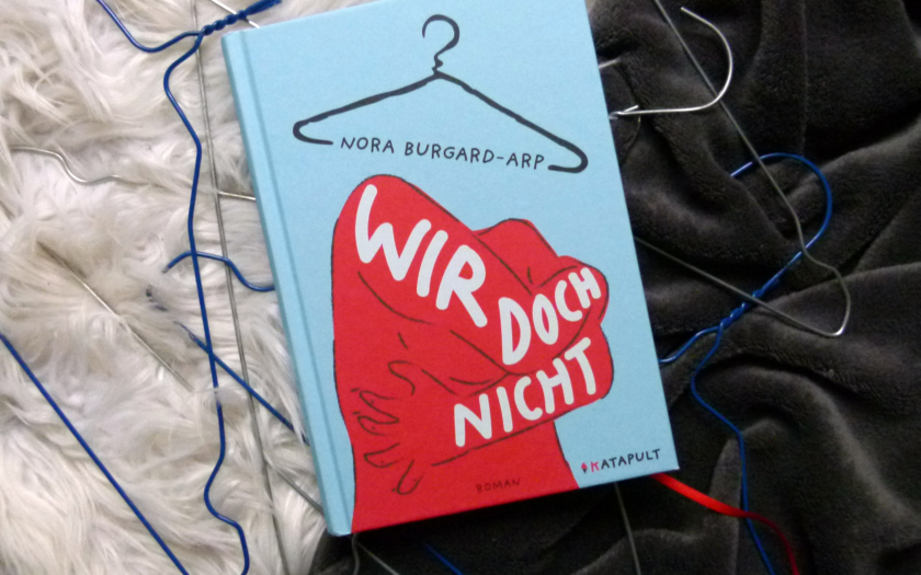 Unter dem Buch liegen zahlreiche Drahtkleiderbügel in unterschiedlichen Farben