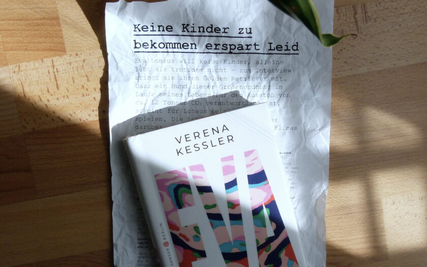 Das Buch liegt in einem sonnendurchfluteten Raum auf dem Parkettboden. Das Buch liegt auf einem zerknüllten und wieder aufgefalteten Papier auf dem steht "Keine Kinder zu bekommen erspart Leid". Ein Pflanzenblatt ragt ins Bild. Das Buch und das Blatt Papier liegen in einem Sonnenstrahl.
