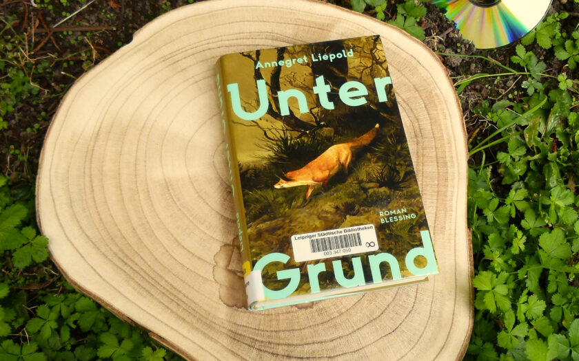 Das Buch liegt auf einer dekorativen Baumscheibe, welche wiederum auf einer Wiese liegt. Rechts davon liegt ein CD-Rohling.