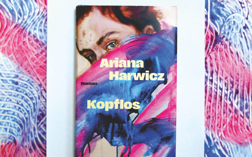 Foto von dem Buch auf einem weißen Blattpapier, das wiederum auf einem blau-pink-schraffierten Karton liegt.