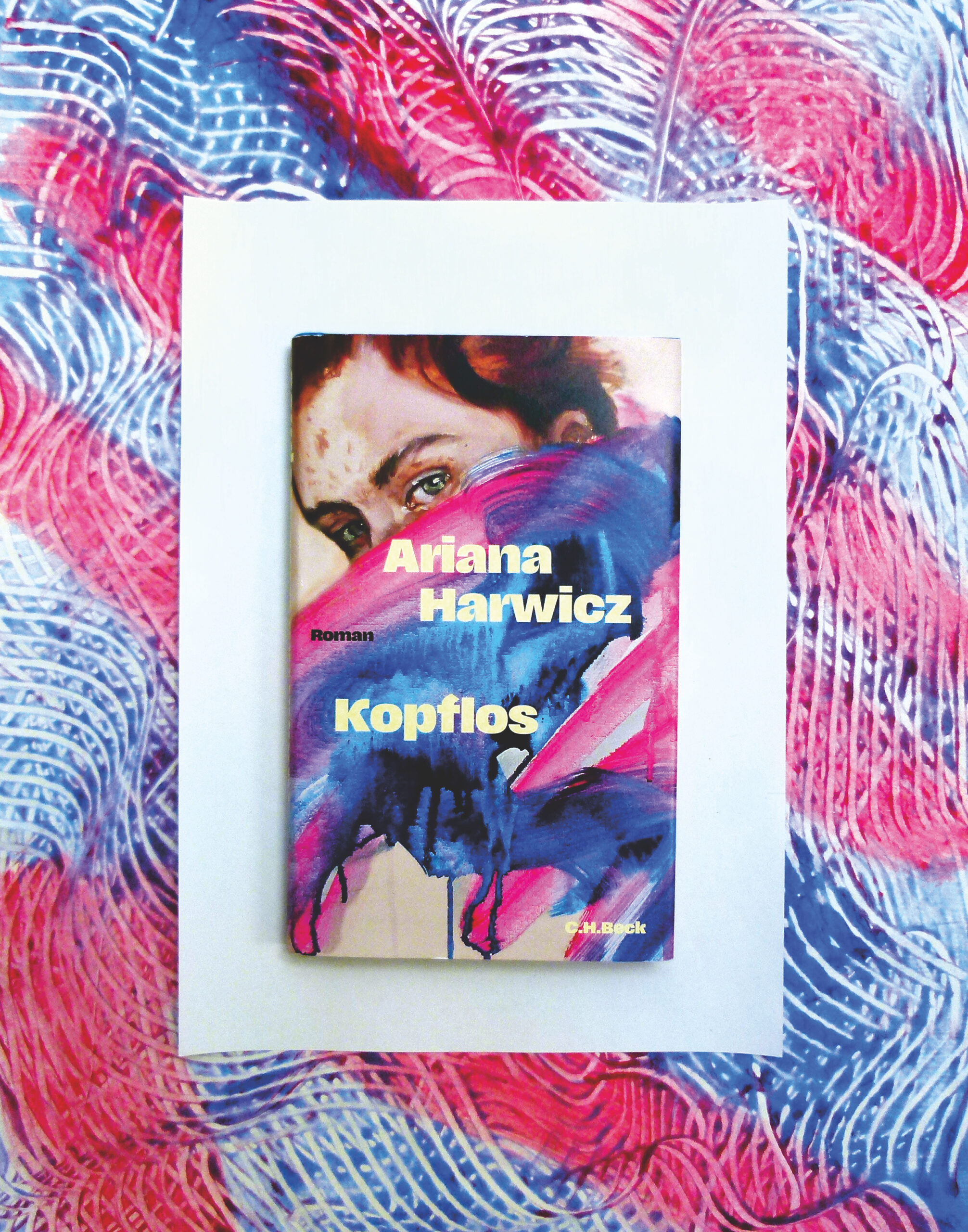 Foto von dem Buch auf einem weißen Blattpapier, das wiederum auf einem blau-pink-schraffierten Karton liegt.