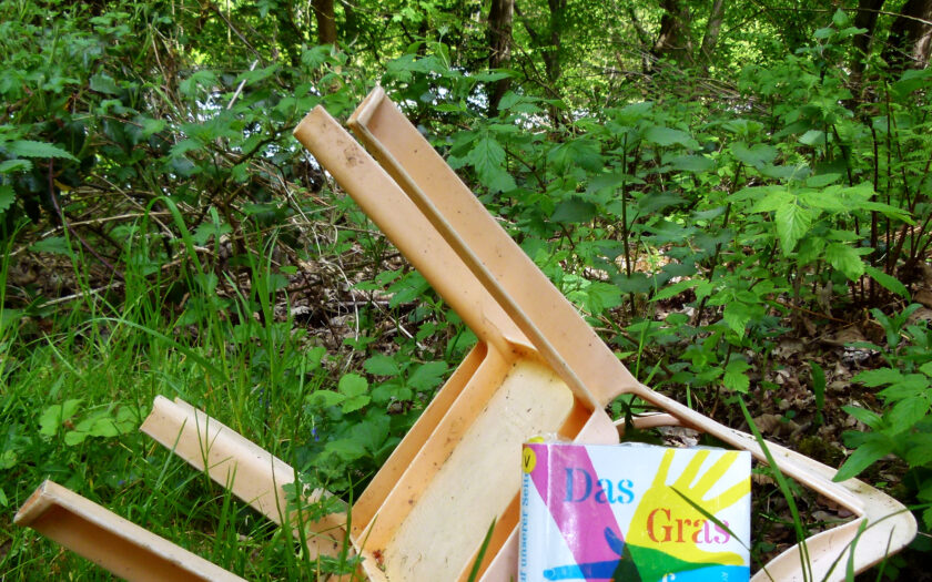 Das Buch steht im Wald an einen umgekippten, rosafarbenen Gartenstuhl gelehnt