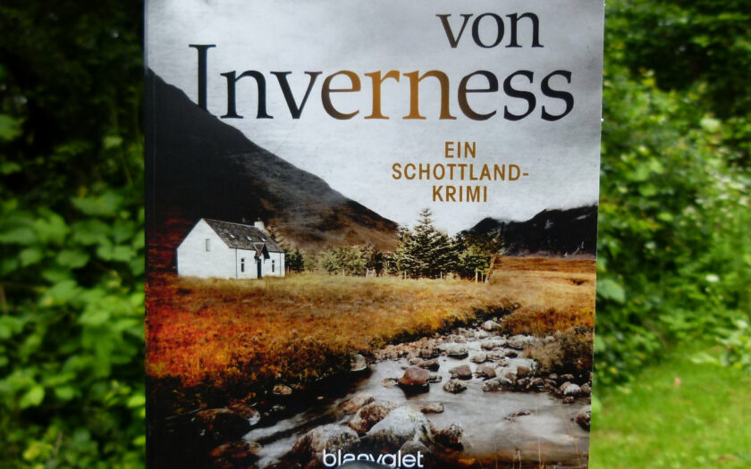 Das Buch steht auf einem Baumstumpf. Vor dem Buch liegt ein schwarz-grauer Stein. Im Hintergrund sieht man eine Wise, Bäume und Büsche.